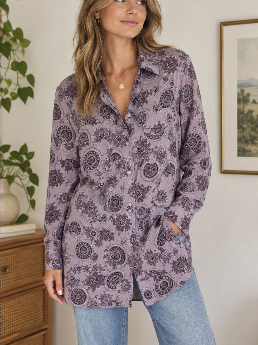 Vintage Y2K Express Sheer Paisley Print Long Button Down Top Blouse Purple Small